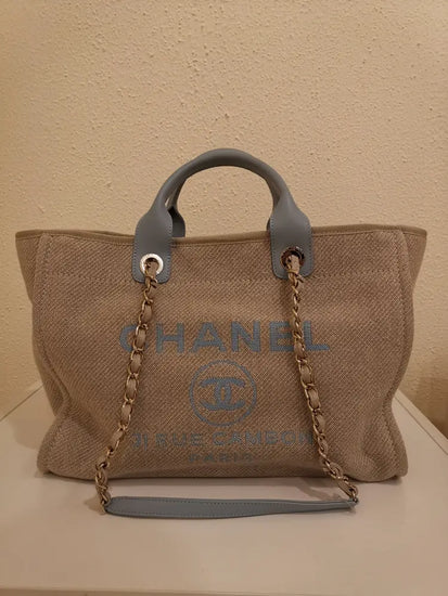 Chanel Deauville Large Canvas Beige And Blue Shoulder Bag