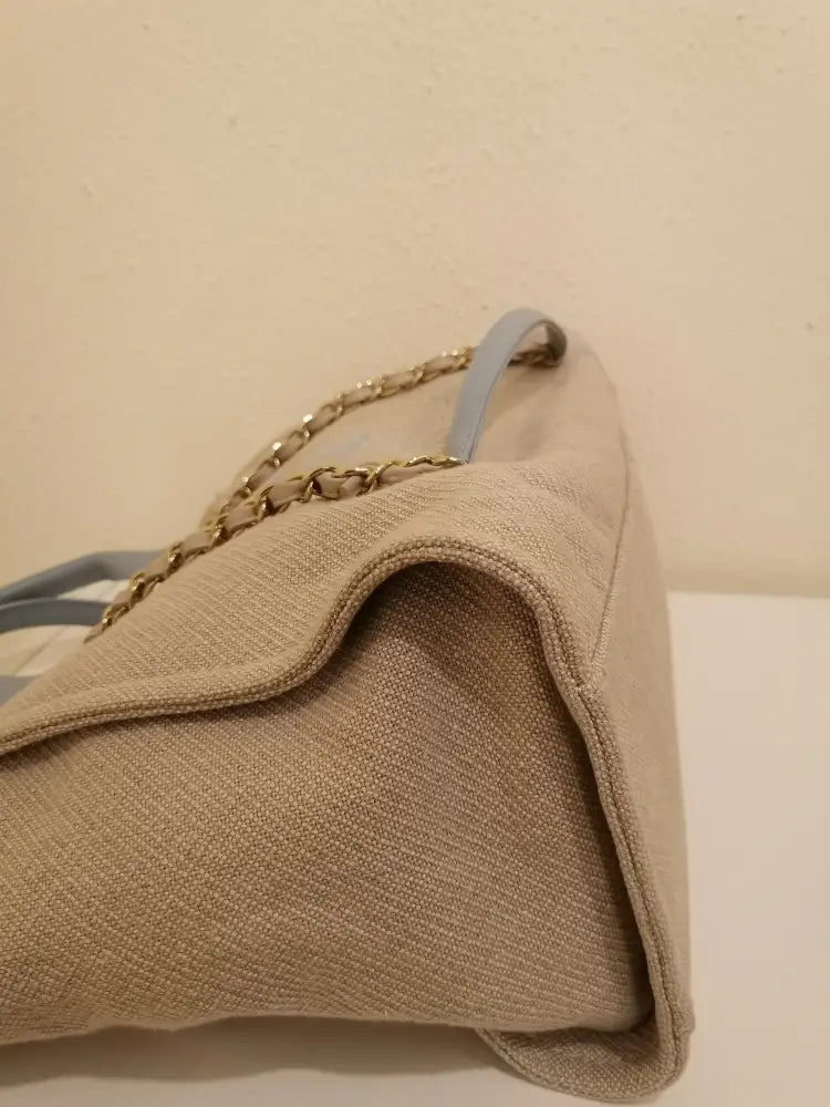 Chanel Deauville Large Canvas Beige And Blue Shoulder Bag