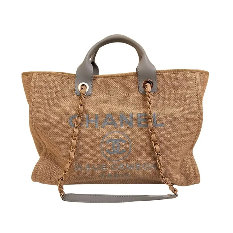 Chanel Deauville Large Canvas Beige And Blue Shoulder Bag