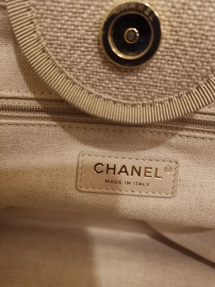 Chanel Deauville Large Canvas Beige And Blue Shoulder Bag