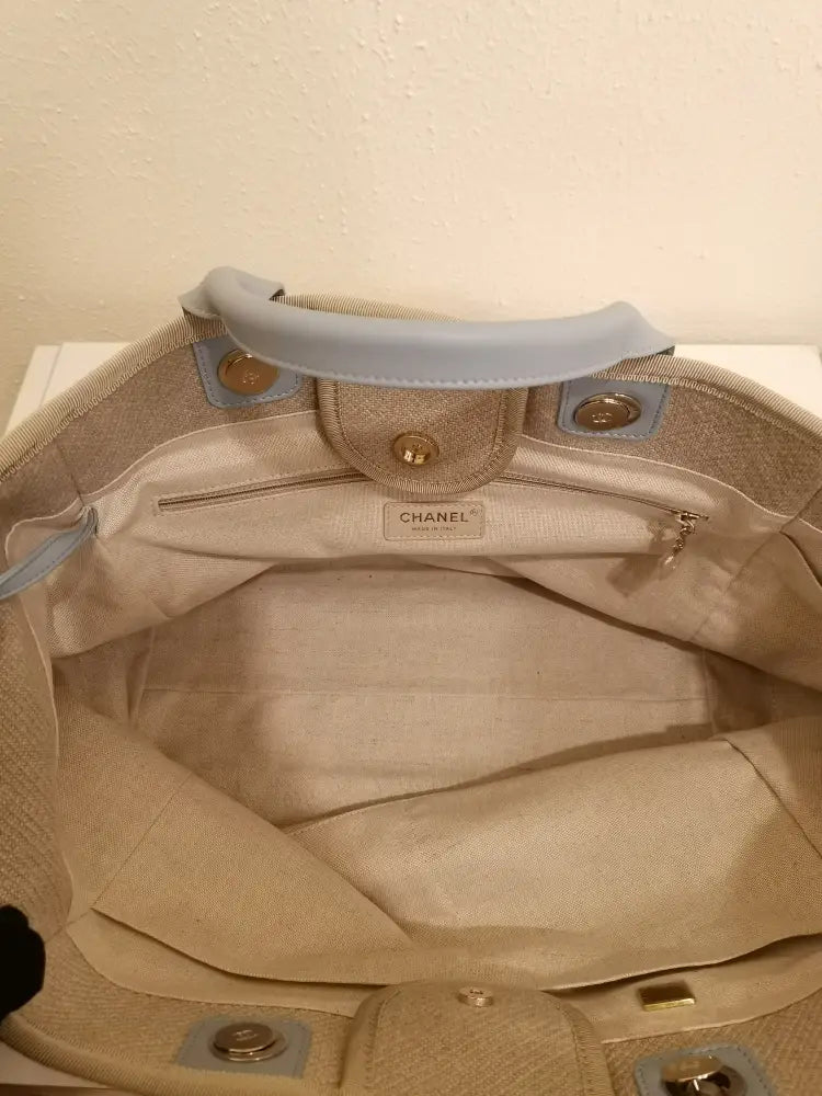 Chanel Deauville Large Canvas Beige And Blue Shoulder Bag