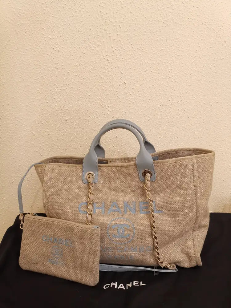 Chanel Deauville Large Canvas Beige And Blue Shoulder Bag