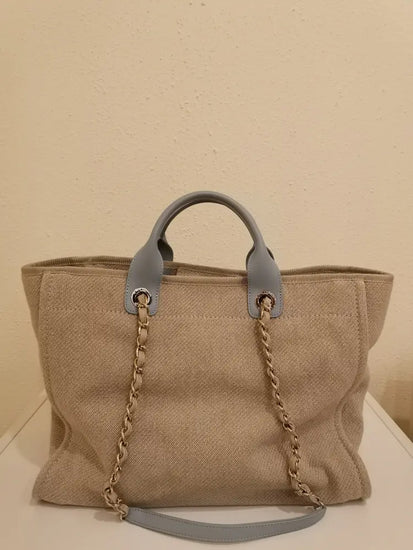 Chanel Deauville Large Canvas Beige And Blue Shoulder Bag