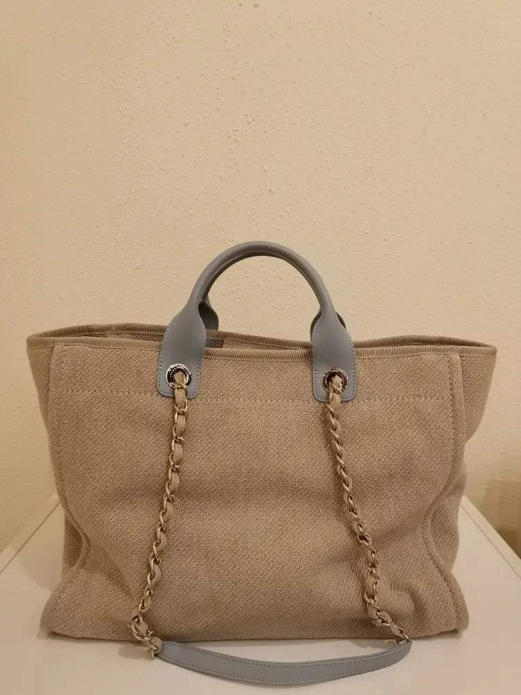 Chanel Deauville Large Canvas Beige And Blue Shoulder Bag