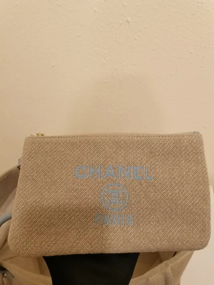 Chanel Deauville Large Canvas Beige And Blue Shoulder Bag