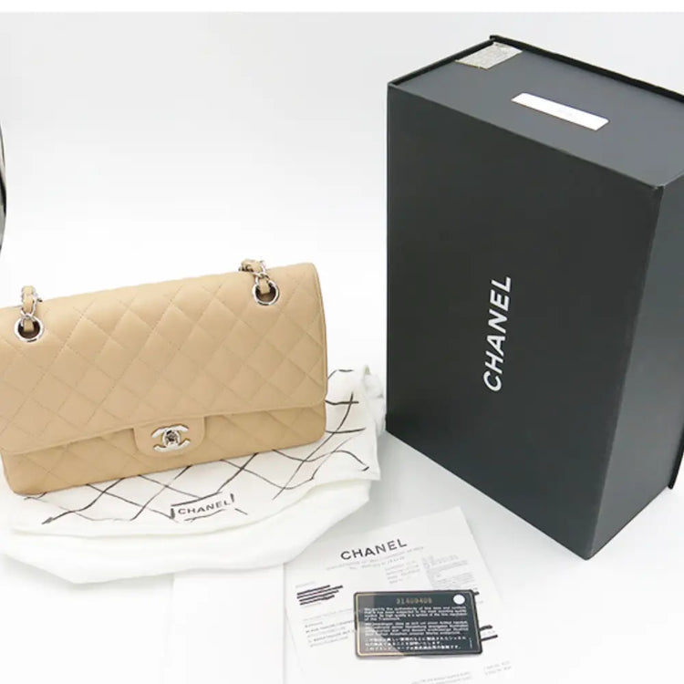 Chanel Medium Classic Caviar In Beige Shw Handbag