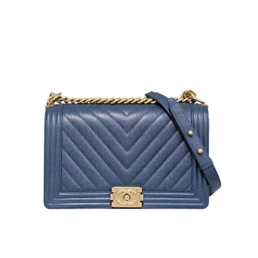 Chanel New Mediun Chevron In Navy Blue With Caviar Leather #25 Crossbody Bag