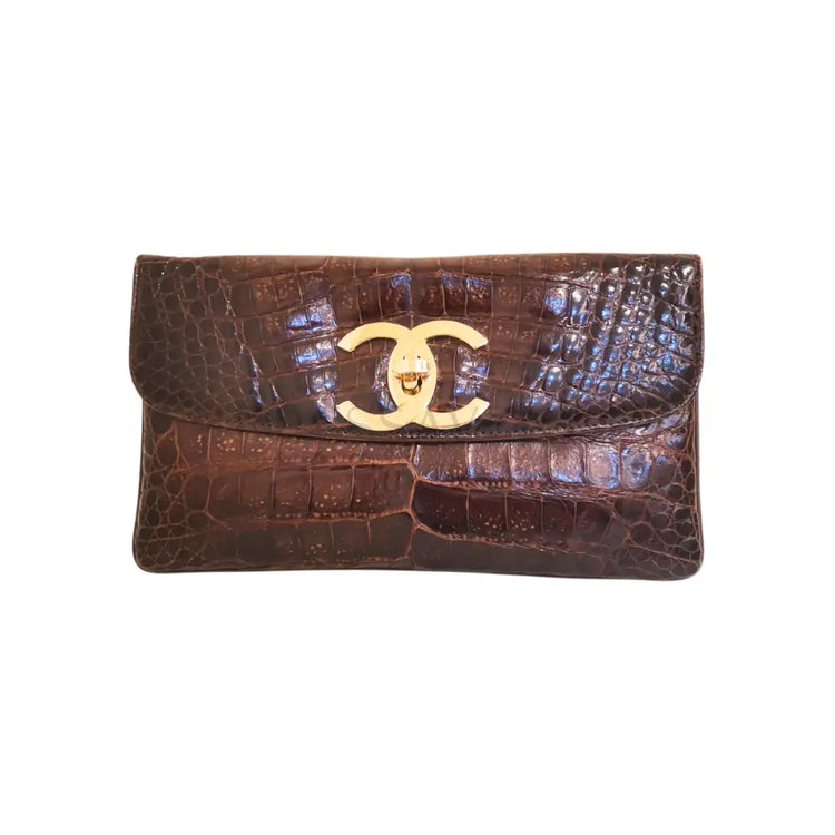 Chanel Shiny Croco Brown Clutch Ghw #1 Pouch &