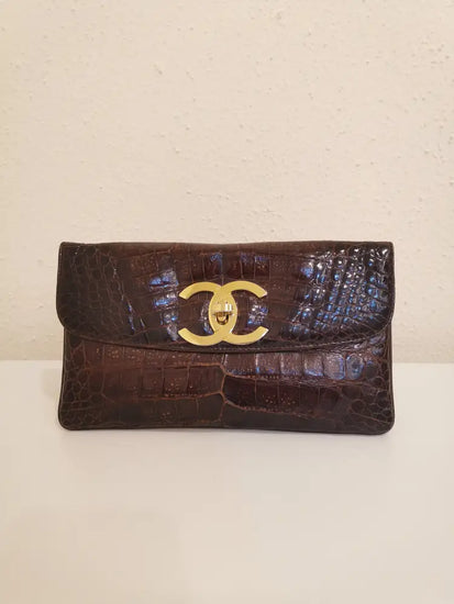 Chanel Shiny Croco Brown Clutch Ghw #1 Pouch &