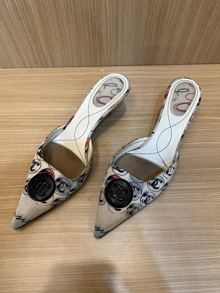 Chanel Toile Printed Cc Mules Off White Size 40 Insole 26Cm Shoes