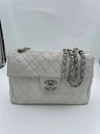 Chanel White Caviar Leather Large Flap Bag Crossbody