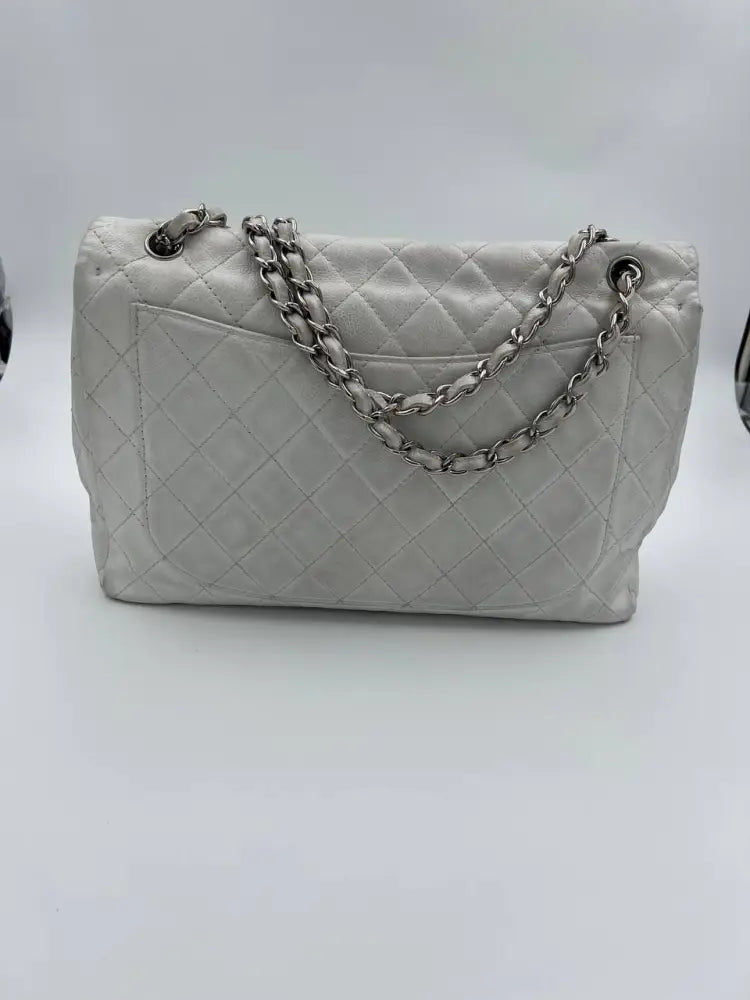 Chanel White Caviar Leather Large Flap Bag Crossbody