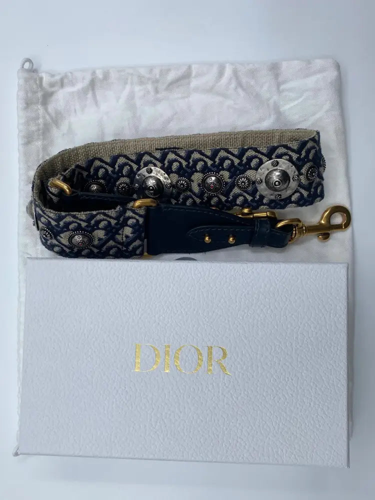 Christian Dior Embroidery Oblique Navy Ghw Bag Strap