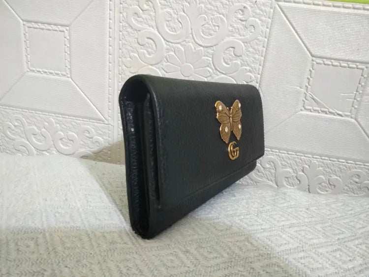 Gucci Black Butterfly Gold Marmont Gg Wallet Pouch & Clutch