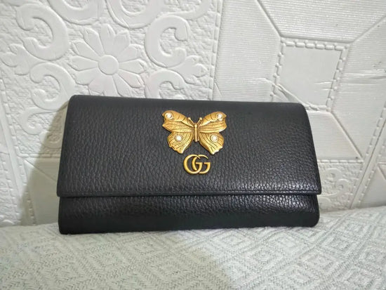 Gucci Black Butterfly Gold Marmont Gg Wallet Pouch & Clutch