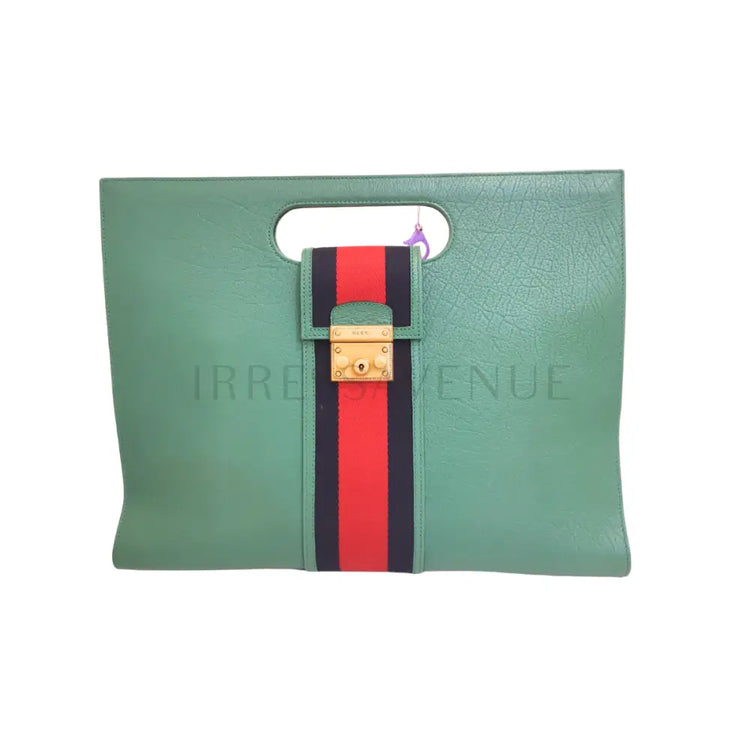 Gucci Calfskin Web Padlock Tote Green Ghw Pouch & Clutch