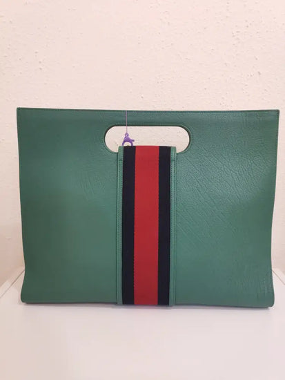 Gucci Calfskin Web Padlock Tote Green Ghw Pouch & Clutch