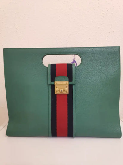 Gucci Calfskin Web Padlock Tote Green Ghw Pouch & Clutch