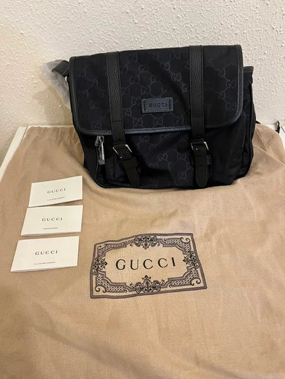 Gucci Flap Messenger Nylon Gg Sling Bag Black Crossbody