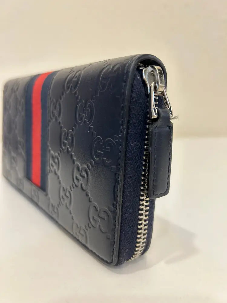 Gucci Web Guccissima Leather Stripe Long Zip Wallet Navy Blue 2018