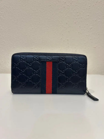 Gucci Web Guccissima Leather Stripe Long Zip Wallet Navy Blue 2018