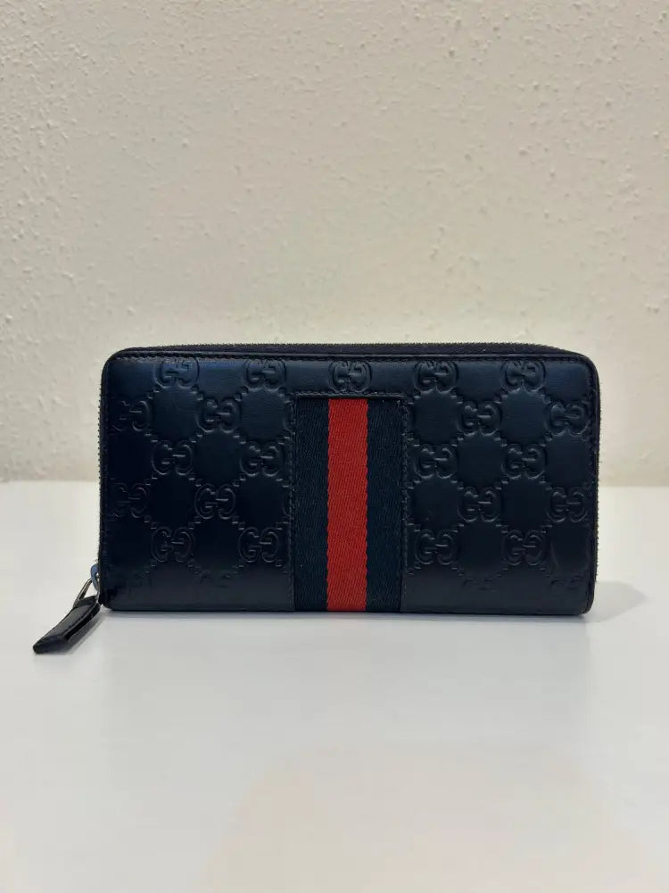 Gucci Web Guccissima Leather Stripe Long Zip Wallet Navy Blue 2018