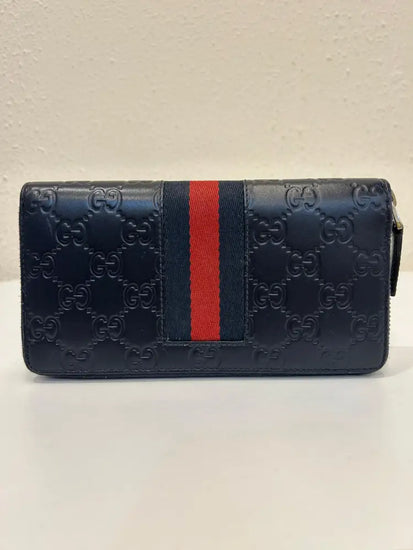 Gucci Web Guccissima Leather Stripe Long Zip Wallet Navy Blue 2018