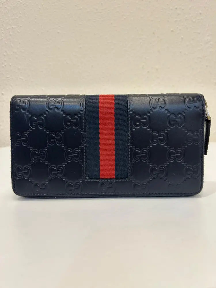 Gucci Web Guccissima Leather Stripe Long Zip Wallet Navy Blue 2018