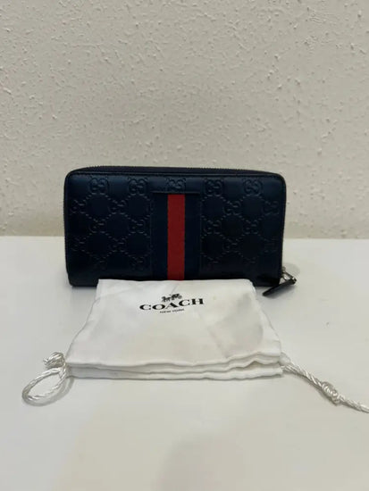 Gucci Web Guccissima Leather Stripe Long Zip Wallet Navy Blue 2018