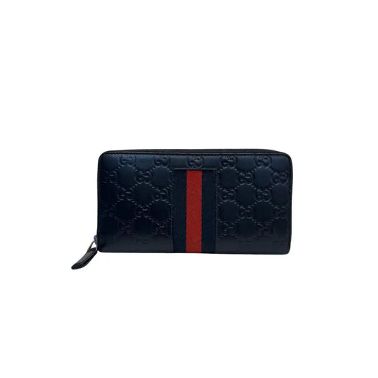 Gucci Web Guccissima Leather Stripe Long Zip Wallet Navy Blue 2018