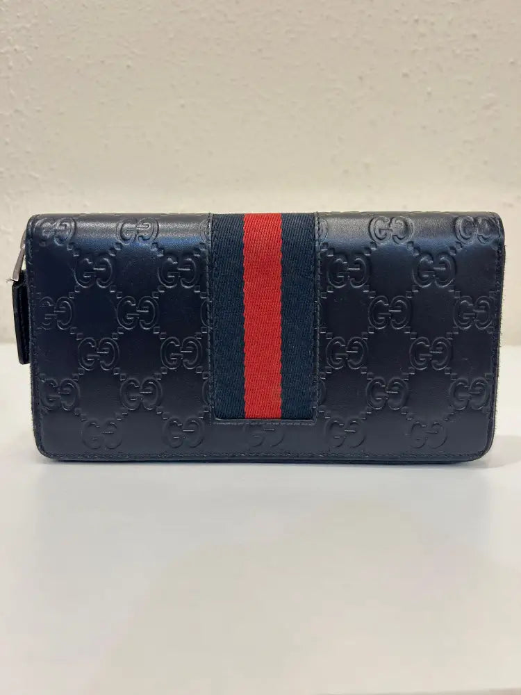 Gucci Web Guccissima Leather Stripe Long Zip Wallet Navy Blue 2018