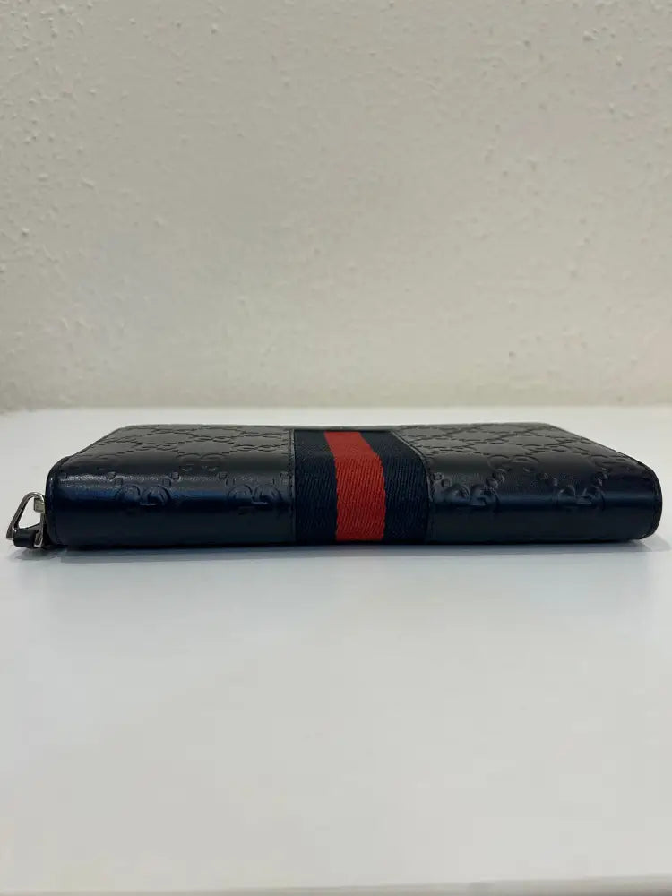 Gucci Web Guccissima Leather Stripe Long Zip Wallet Navy Blue 2018