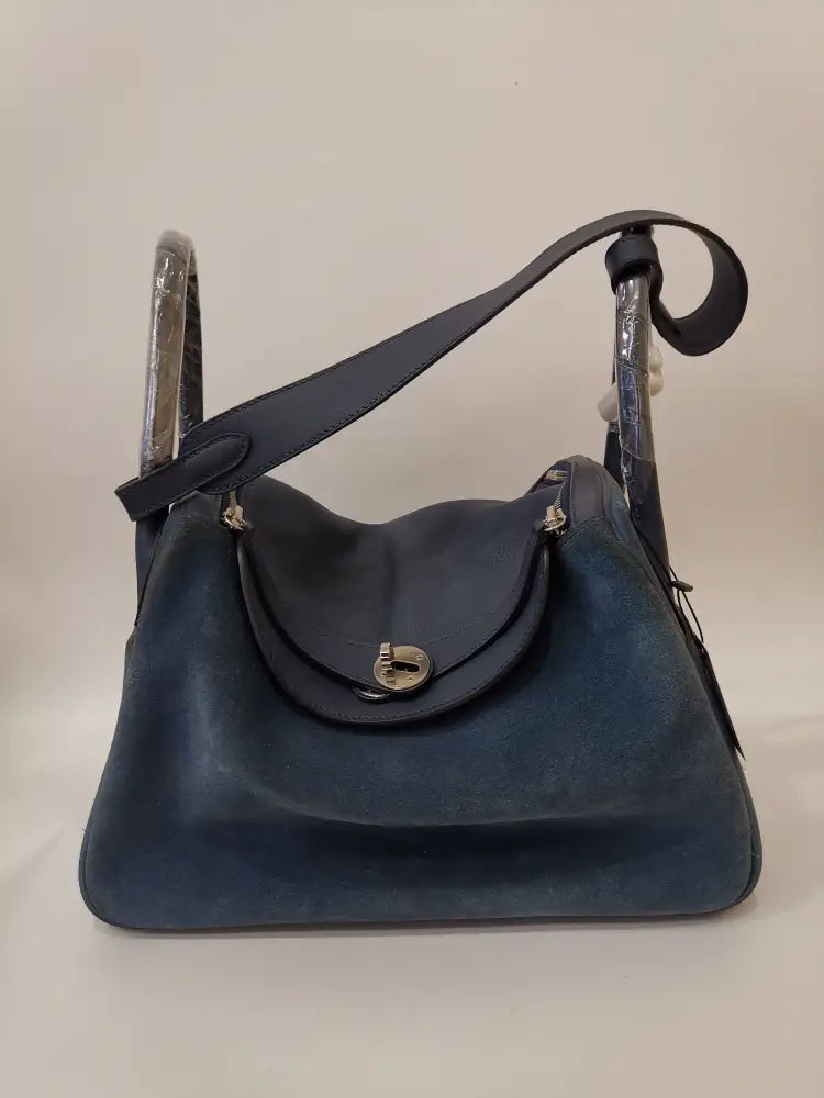 Hermes Lindy 30 Blue Suede Phw Handbag