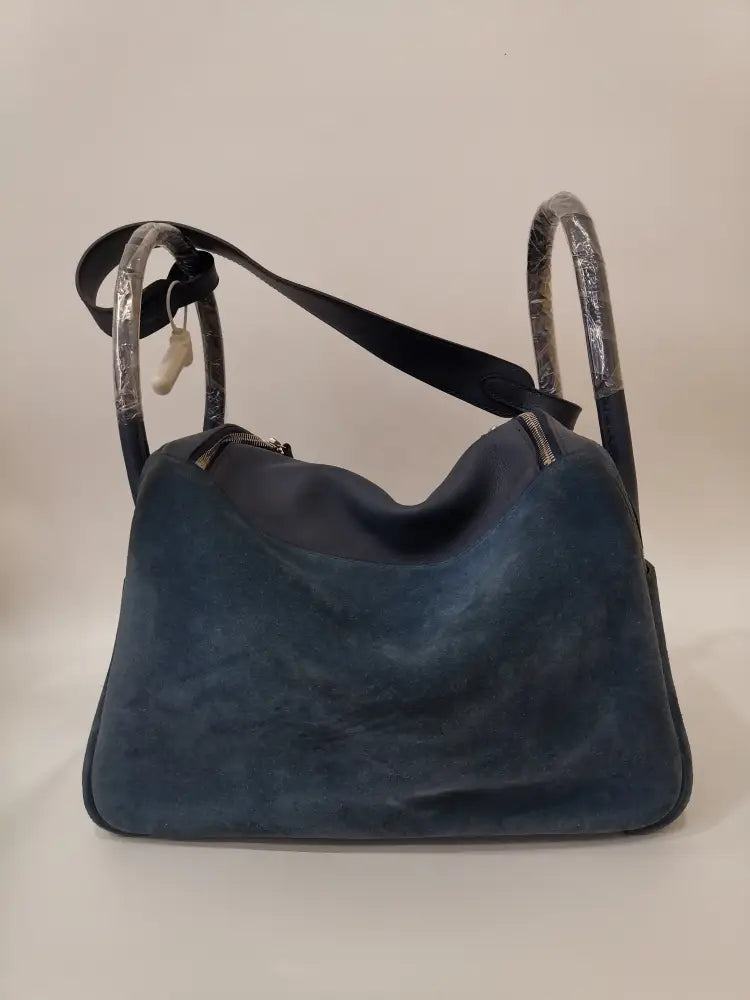 Hermes Lindy 30 Blue Suede Phw Handbag