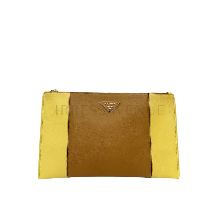 Prada Clutch Saffiano 2 Tone Yellow/Caramel Pouch &