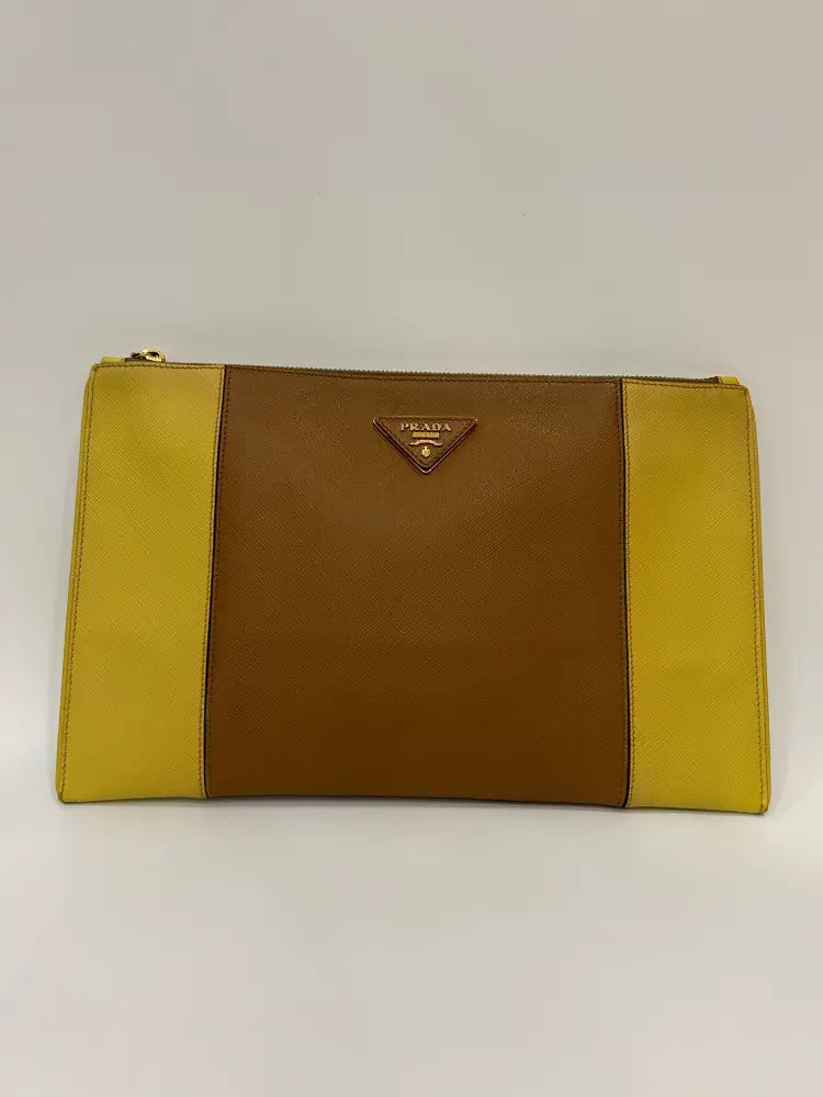 Prada Clutch Saffiano 2 Tone Yellow/Caramel Pouch &