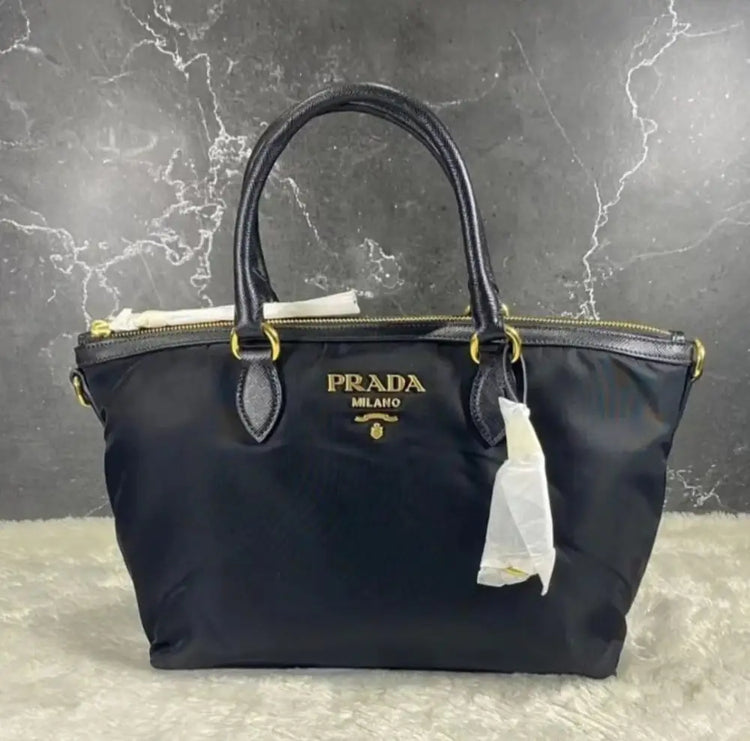 Prada Nylon Shopper With Wide Logo Strap Handbag