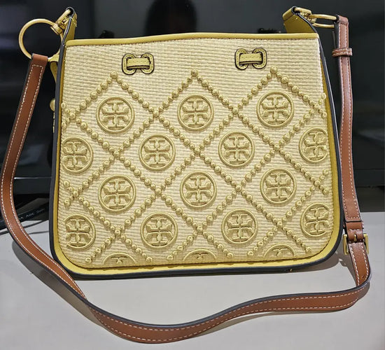 Tory Burch T Monogram Straw Bell Golden Sunset 2021 Crossbody Bag