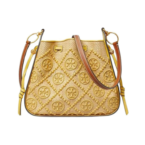 Tory Burch T Monogram Straw Bell Golden Sunset 2021 Crossbody Bag