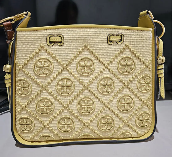 Tory Burch T Monogram Straw Bell Golden Sunset 2021 Crossbody Bag