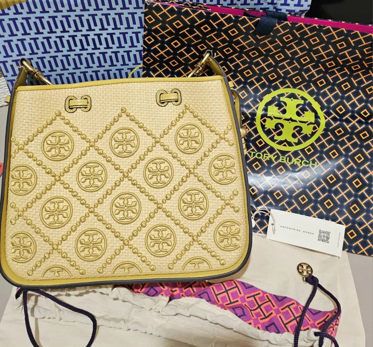 Tory Burch T Monogram Straw Bell Golden Sunset 2021 Crossbody Bag