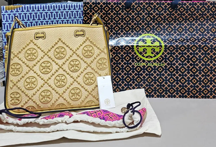 Tory Burch T Monogram Straw Bell Golden Sunset 2021 Crossbody Bag