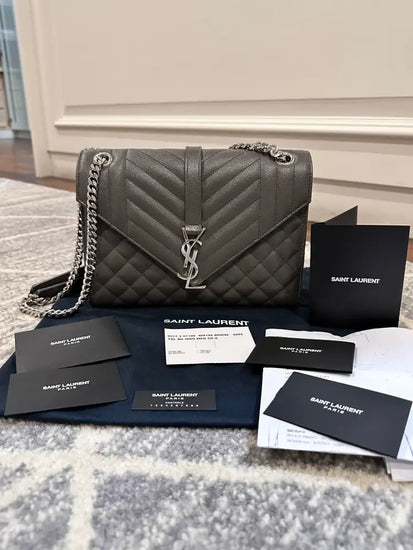 Yves Saint Laurent Envelope Medium Chain Shoulder Bag Grey Shw